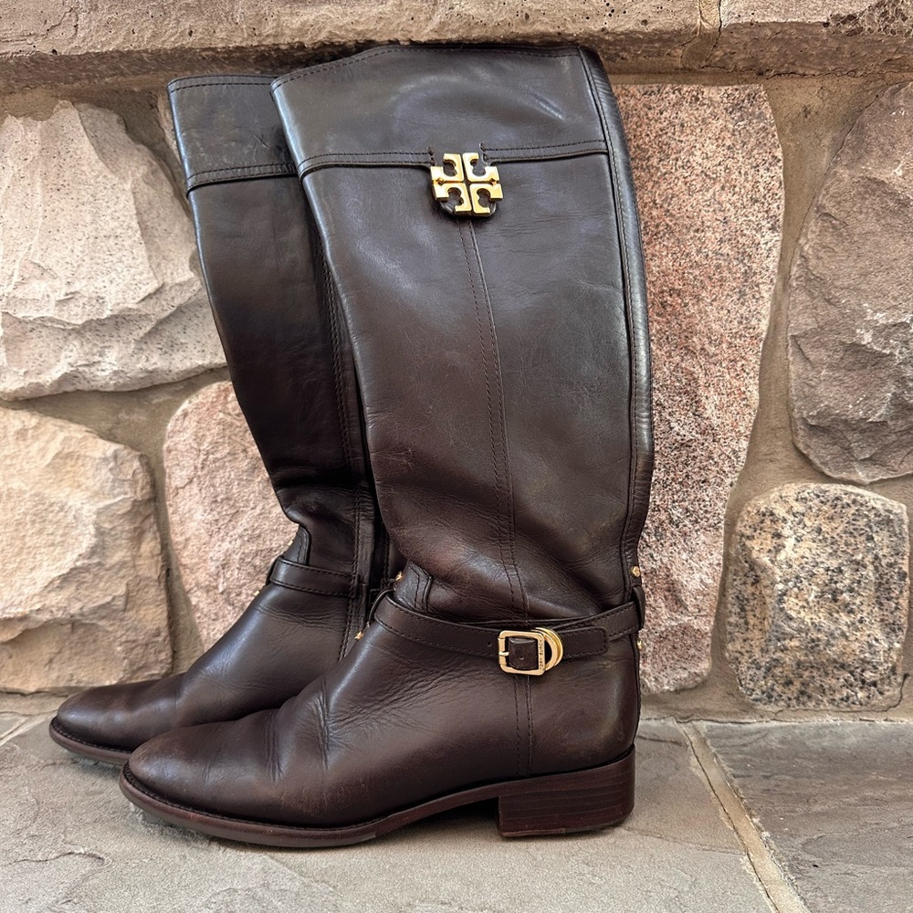Tory Burch Eloise Brown Leather Gold Logo Riding Knee High Boot Shoes